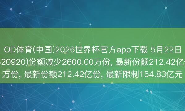 OD体育(中国)2026世界杯官方app下载 5月22日恒生科技ETF天弘(520920)份额减少2600.00万份， 最新份额212.42亿份， 最新限制154.83亿元