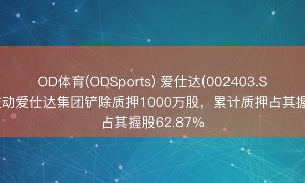 OD体育(ODSports) 爱仕达(002403.SZ)：控股鼓动爱仕达集团铲除质押1000万股，累计质押占其握股62.87%